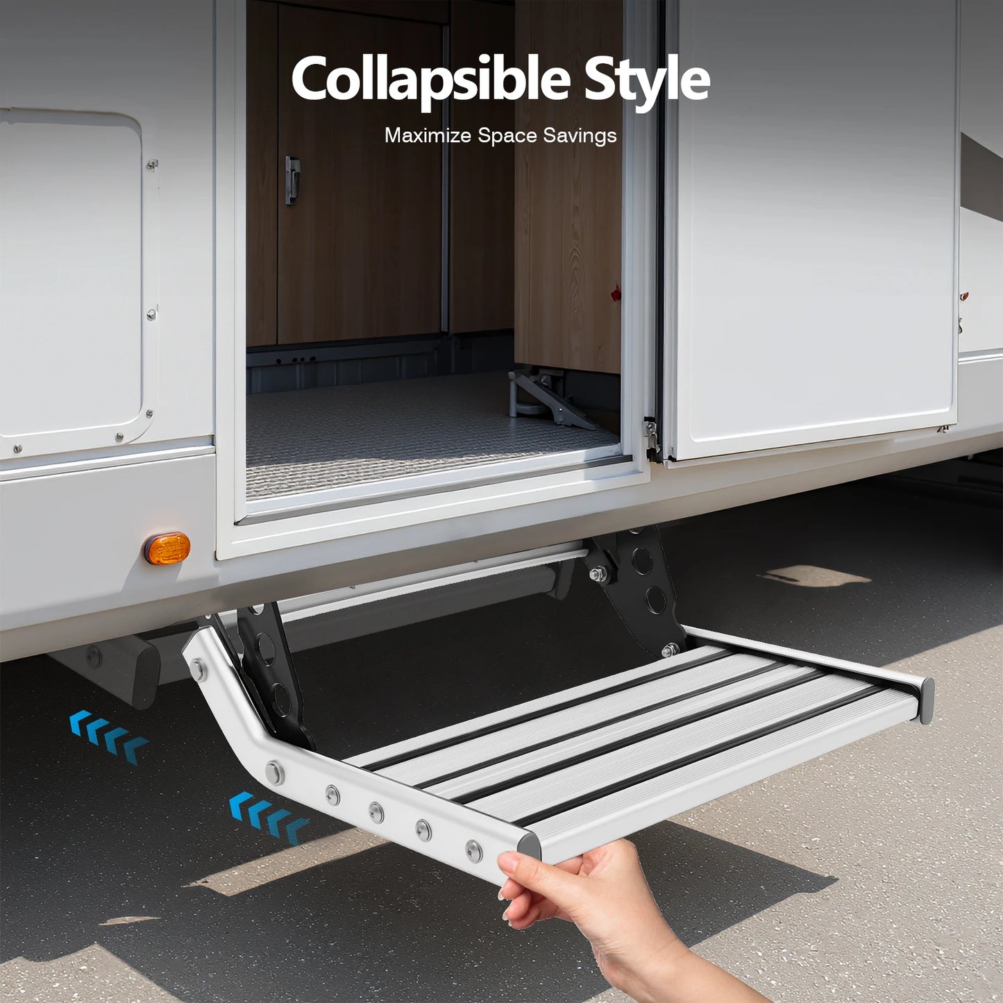 44cm Folding RV Step Manual RV Pedal Step Aluminum Alloy Caravan Step Motorhomes Accessories 150kg Load w/ LED Light For RV