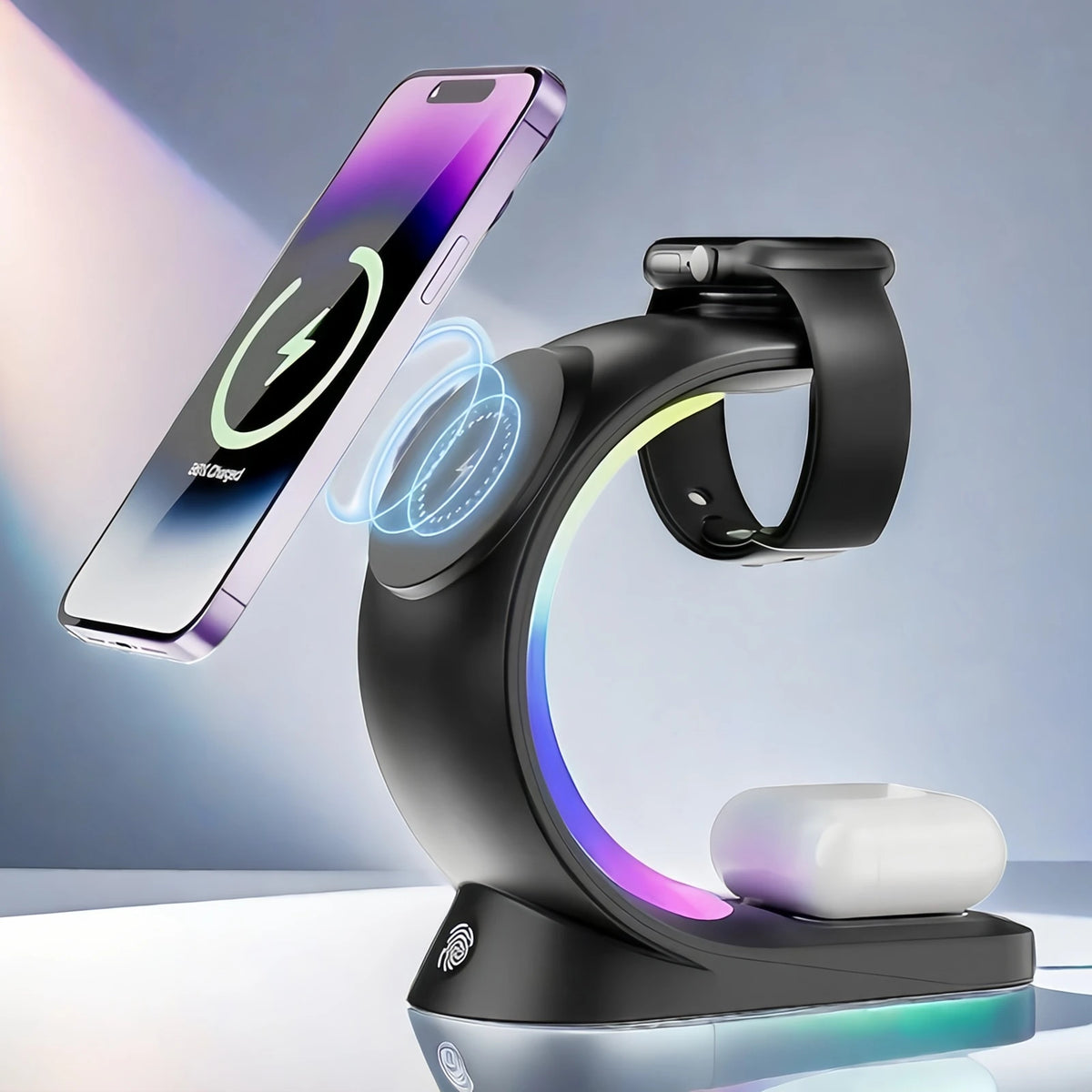 15W Fast Wireless Charger 3-in-1 Magnetic Stand 6-Color RGB Light Multi-Device Charging Station for Apple Devices iPhone AirPods Apple Watch Home Office Desk Bedside Table Organizer Gift Box Packing Travel Foldable