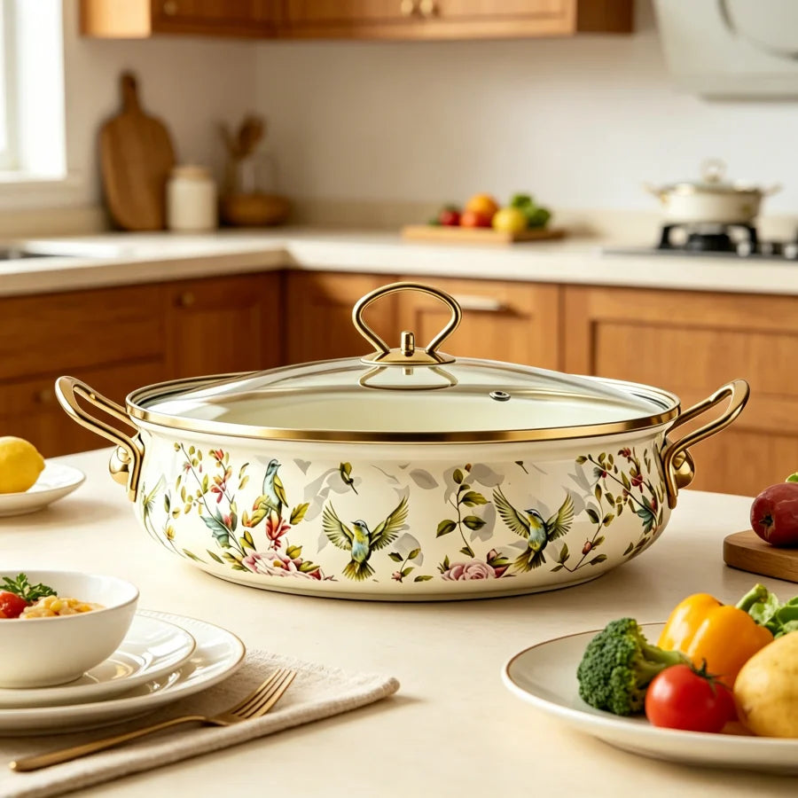 5.5Qt Enamel Stock Pot with Glass Lid – Vintage Bird & Botanical Print Nonstick Soup Pot, Dual Handles, Oven Safe, Fast Heating for All Stovetops, Gift for Wedding/Christmas, 9 Inch