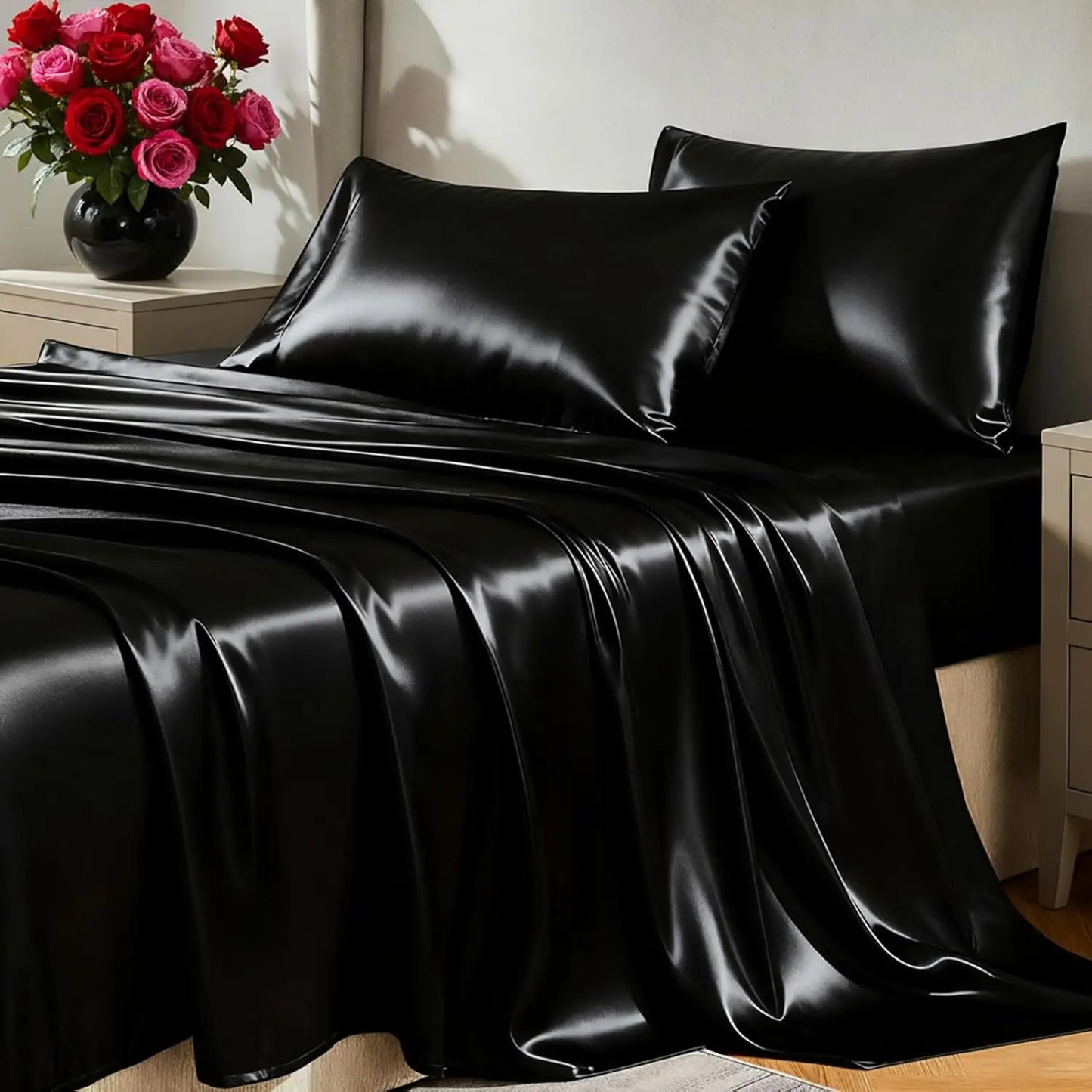 Queen Size Satin Sheets Set - 4 Piece Silky Microfiber, Includes Fitted Sheet, Flat Sheet and Pillowcases