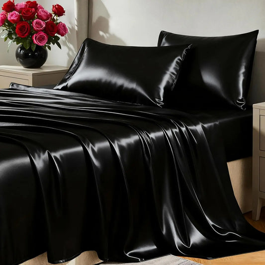 Queen Size Satin Sheets Set - 4 Piece Silky Microfiber, Includes Fitted Sheet, Flat Sheet and Pillowcases
