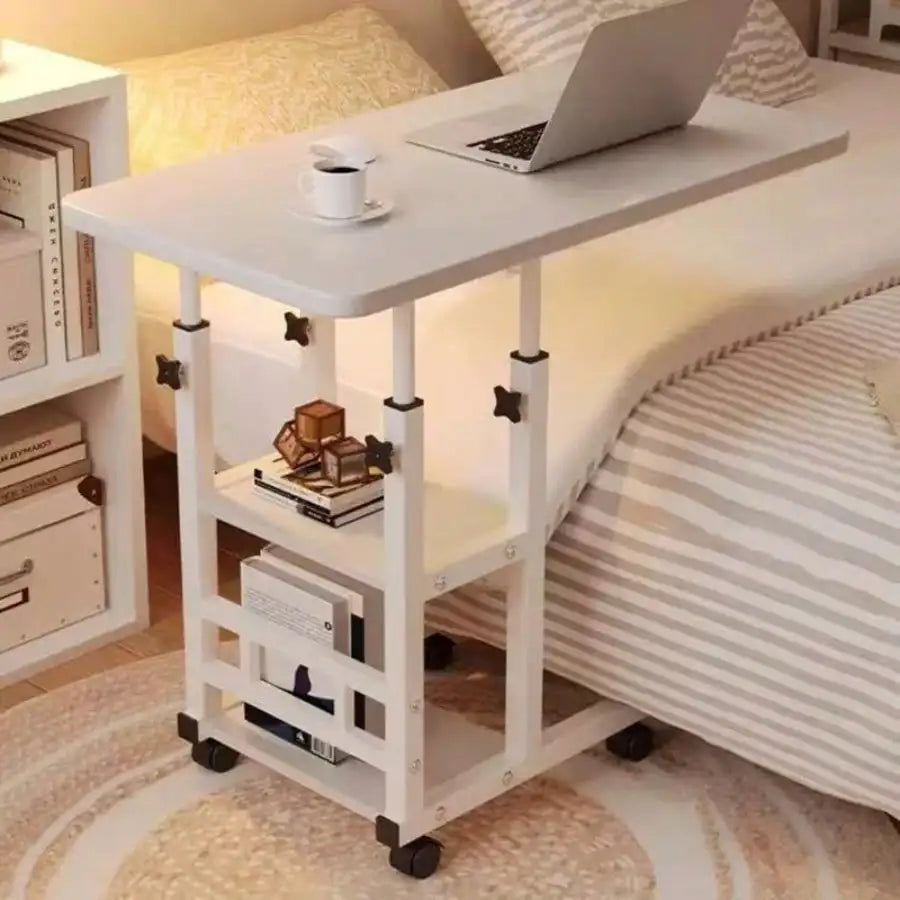 Doublelayer Metal Foldable Desk With Wheels Storage Rack Adjustable Height And Spacious Tabletop Versatile For Studying Working And Relaxing Perfect For Bedrooms Living Rooms & Offices, Bedside Table.