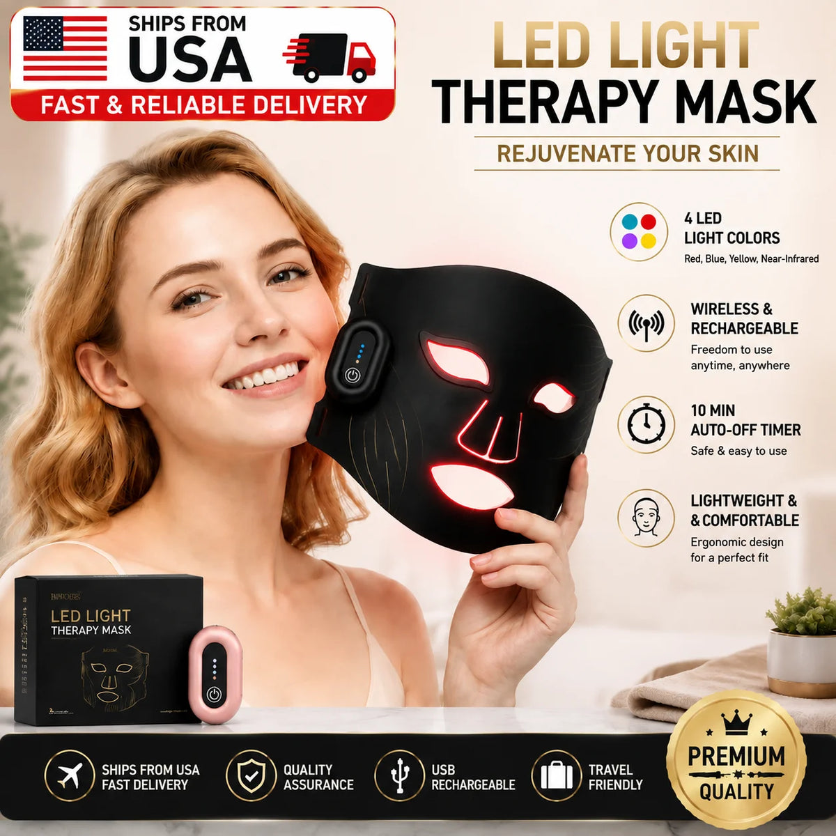 Red Light Therapy Mask, 10-Min Timer Beauty Mask Rechargeable, Wireless, 850nm NIR, Red/Blue Led Light | 4 Modes, 272 LEDs, 27mW/cm² Power, Full Face Coverage, Home Use, Visible Results in 4 Weeks