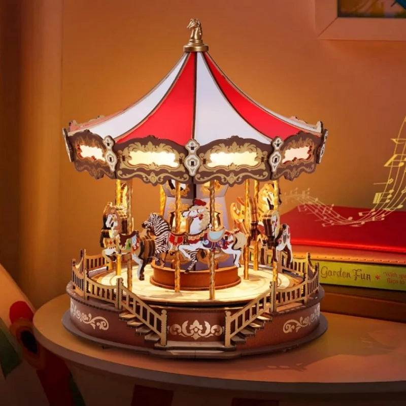 Robotime 3D Wooden Puzzle Carousel Music Box With LED Lights Gear Model Building Construction Craft Kits Xmas Gifts for Adult
