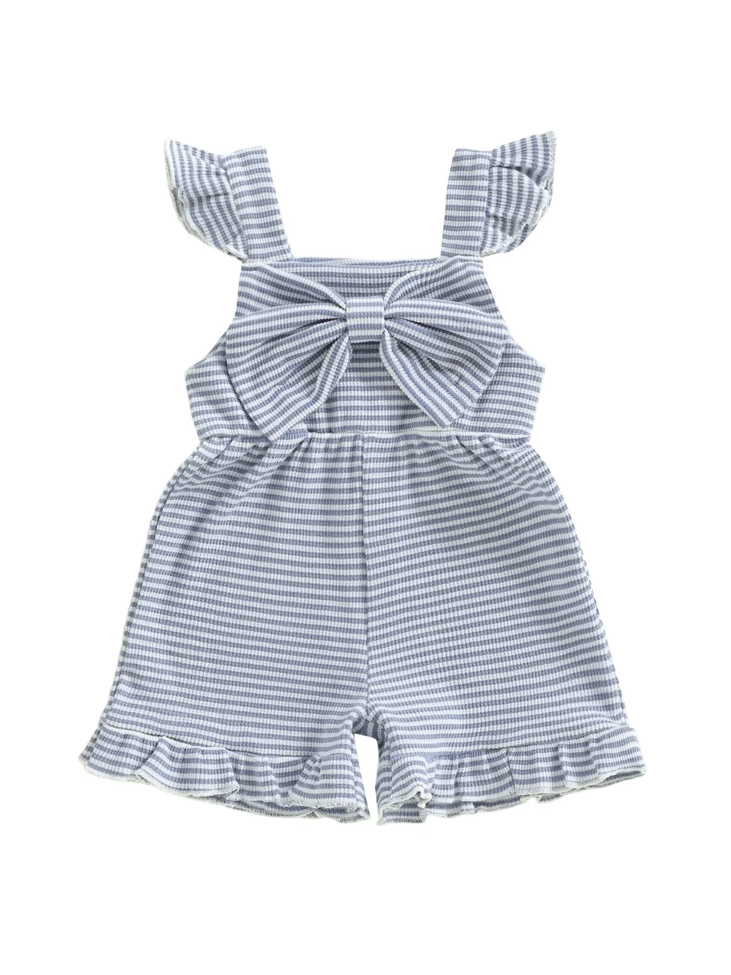 Adorable Infant Girls Striped Romper with Sleeveless Design Ruffle Detail and Bow Accent for a Stylish Look