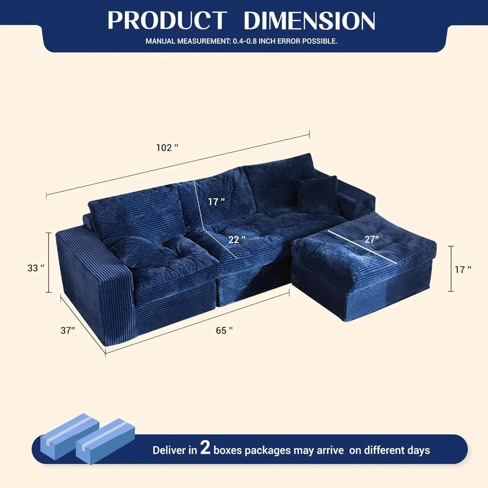 Modular Sectional Sofa, 102” L-Shaped Corduroy Couch with Ottoman, Deep Seat Comfy Sectional for Living Room, Set, Customized