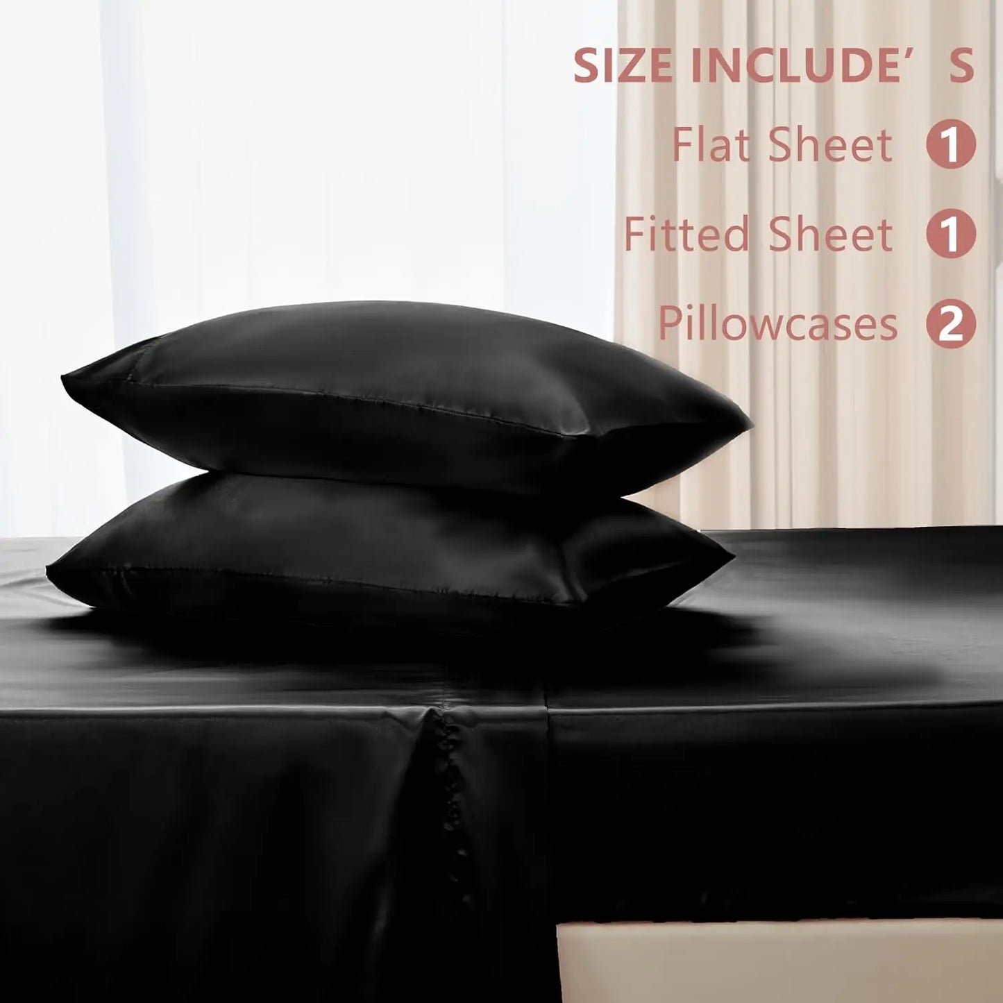 Queen Size Satin Sheets Set - 4 Piece Silky Microfiber, Includes Fitted Sheet, Flat Sheet and Pillowcases