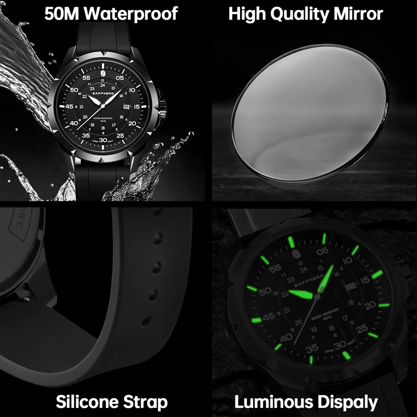 SAPPHERO Men’s Quartz Watch, Sport Fashion Wristwatch, Date Display, 50M Water Resistant, Casual Outdoor Style