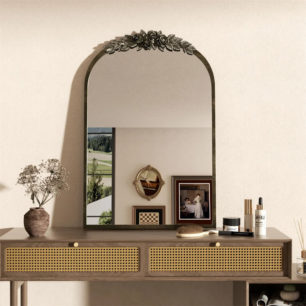 LUVODI Arched Wall Mirror Antique Brass Metal Frame Mirror with Resin Rose Pattern for Entryway Fireplace Living Room Decor