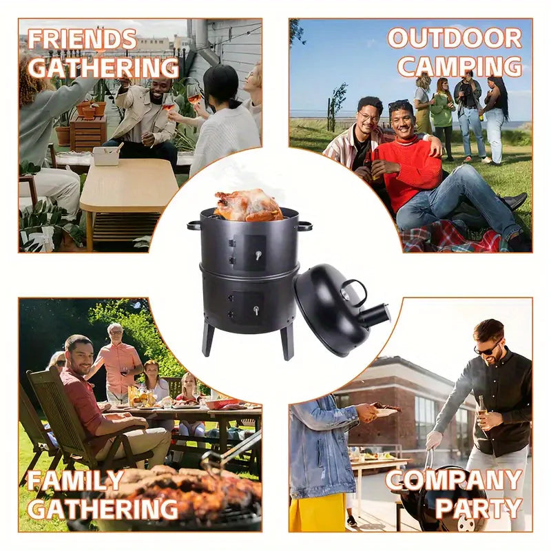 3-in-1 BBQ Smoker Grill with Chimney Multi-function Detachable Outdoor Cooking Oven with Thermometer Camping Outdoor Party Grill