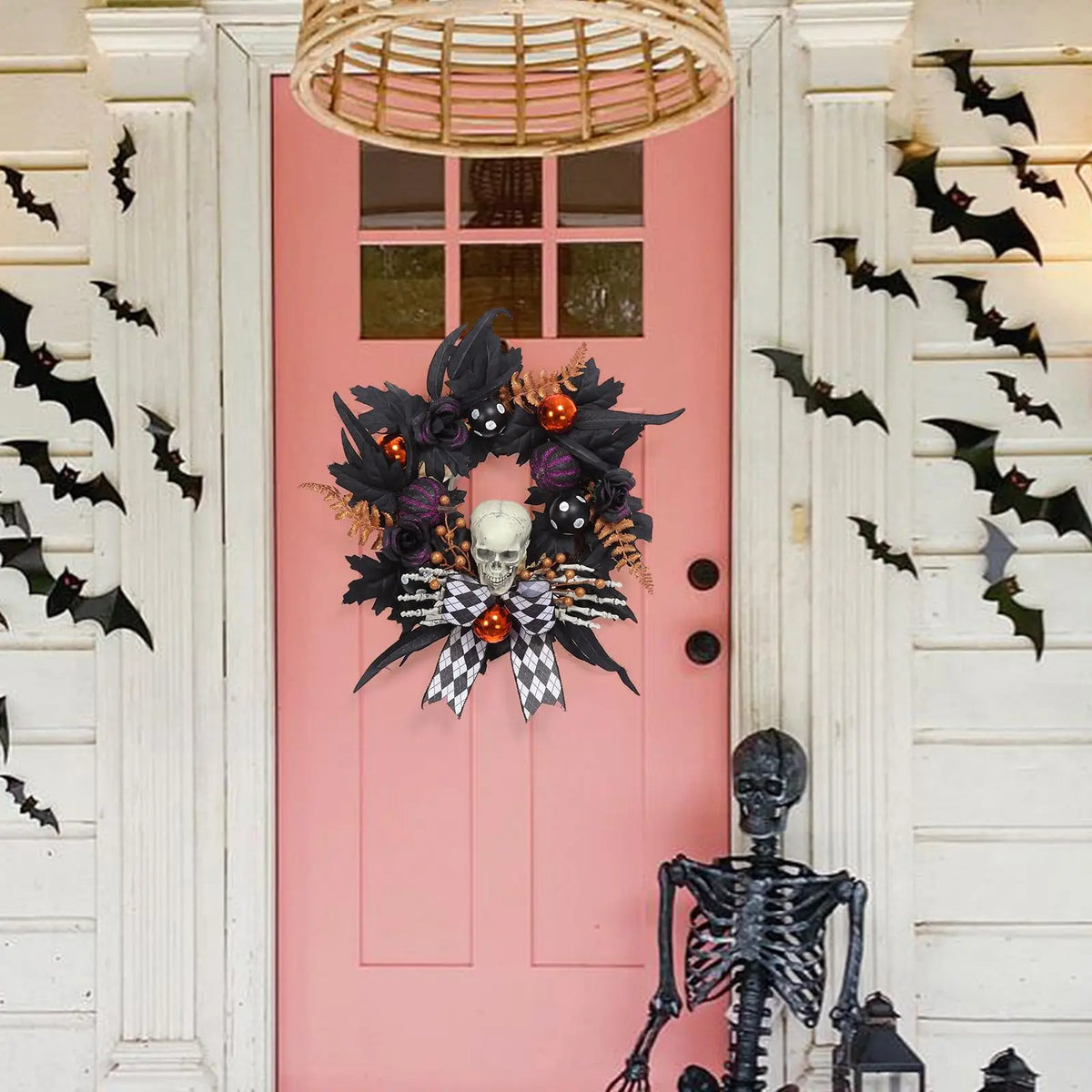 20in Halloween Skeleton Wreath Gothic Skull Hands Black Feathers Pumpkins Front Door Porch Wall Window Party Decor Indoor Outdoor