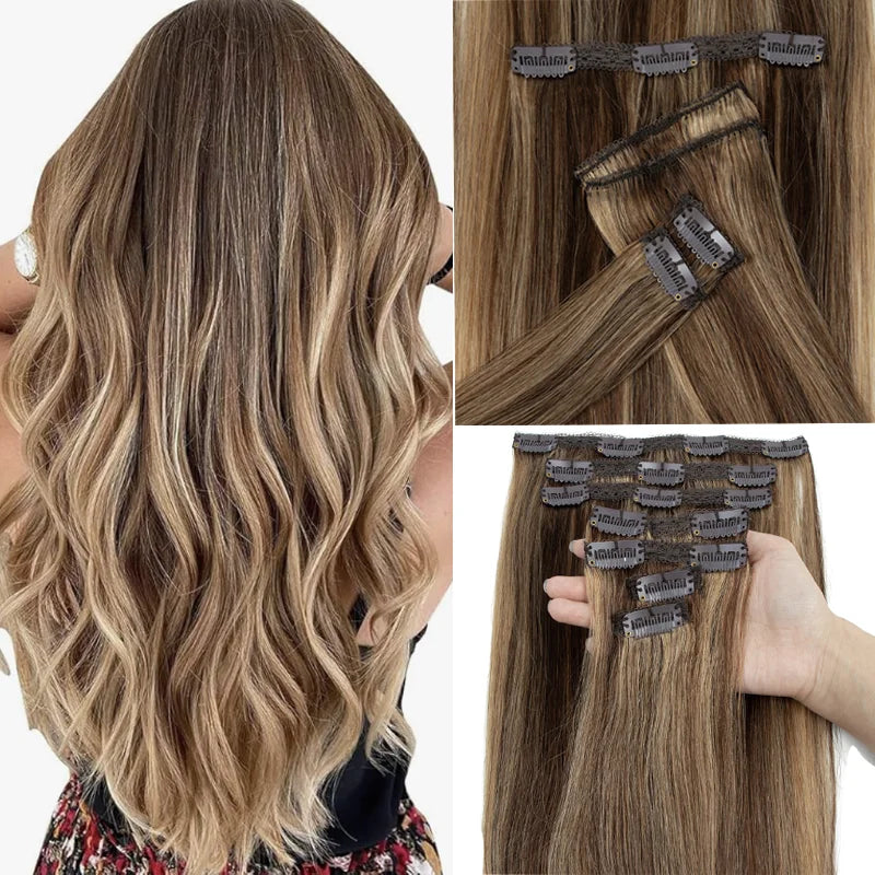 100% Real Remy Human Hair Double Weft 7PCS Clip in Extensions  boostin 12inch-24inch 100G-120G Comfortable for Daily Use Wearing