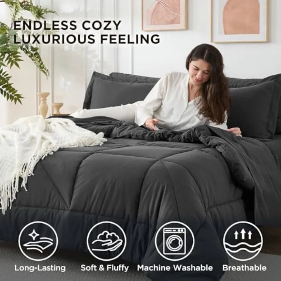 7 Pieces Comforter Set - Utral Soft Microfiber Bedding Set Thick Duvet Insert Bed in a Bag Without Rustling Noise for All Seaso
