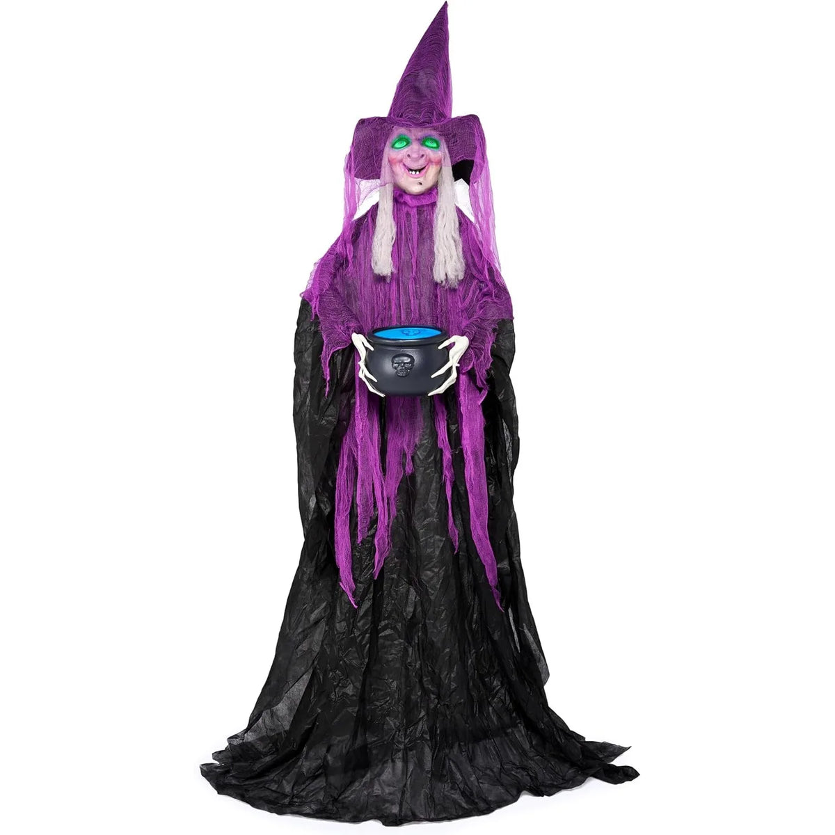 72” Halloween Decorations Standing Witch with Cauldron Scary Ghost Decor with Sound and Lights, Sound-Activated for Haunted House Yard Lawn Garden