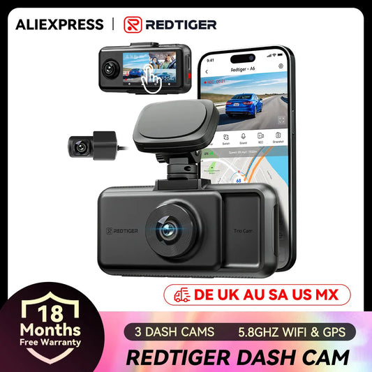 REDTIGER A6 3 Cameras Front/Cabin/Rear Cam 4K Dash Cam Built-in 5.8Ghz WiFi GPS Car DVR Night Vision Parking Monitor 3 Cameras
