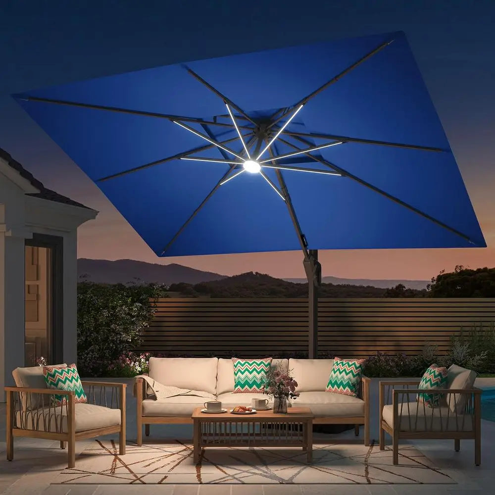 Large Outdoor Cantilever Patio Umbrella with 360-Degree Rotation, LED Lights, and Heavy-Duty Double Top for Deck or Pool Area
