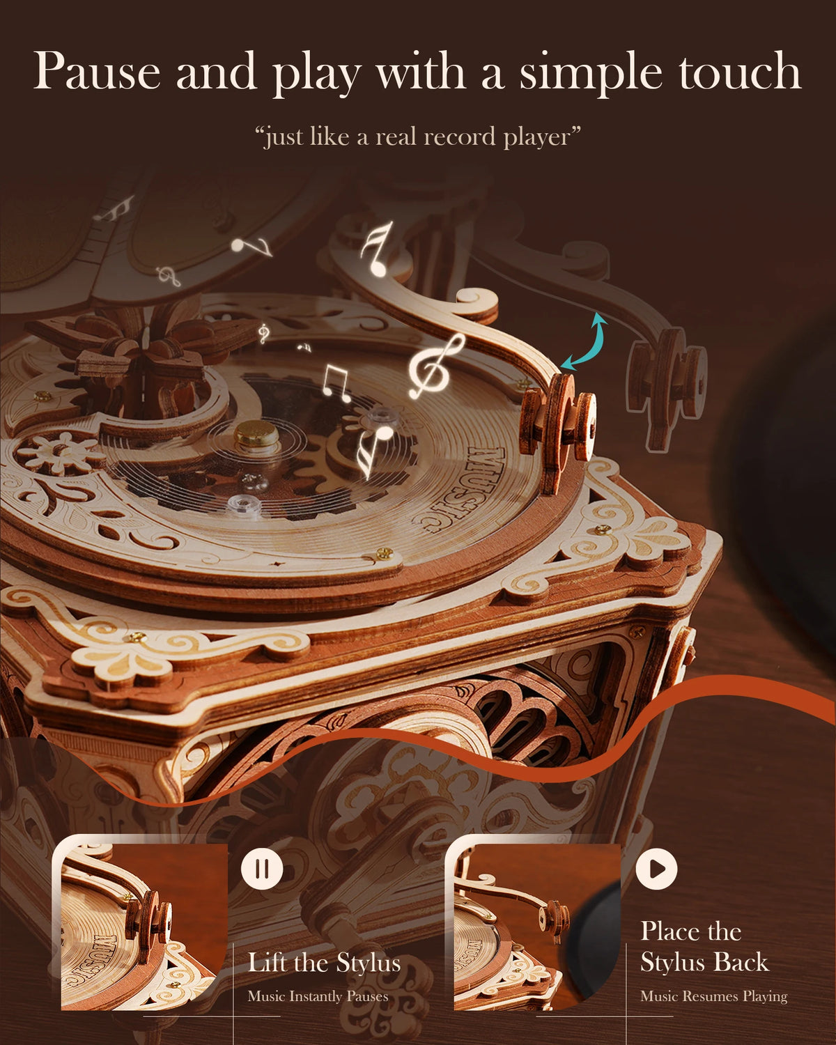 ROKR Wooden 3D Puzzle Diva Gramophone Music Box Mechanical Model Building Kit for Home Decor Holiday Gift for Adults Teens Friends