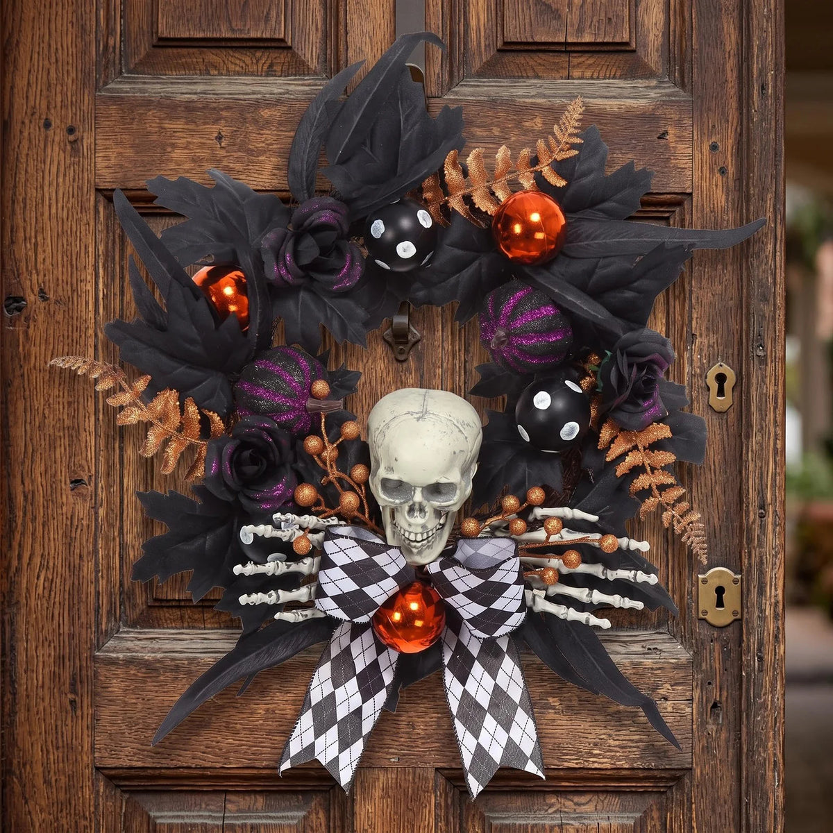 20in Halloween Skeleton Wreath Gothic Skull Hands Black Feathers Pumpkins Front Door Porch Wall Window Party Decor Indoor Outdoor