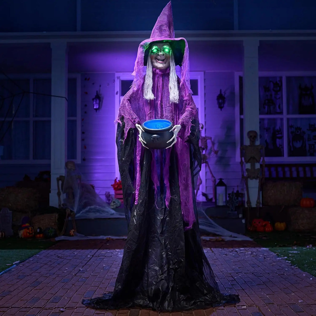 72” Halloween Decorations Standing Witch with Cauldron Scary Ghost Decor with Sound and Lights, Sound-Activated for Haunted House Yard Lawn Garden