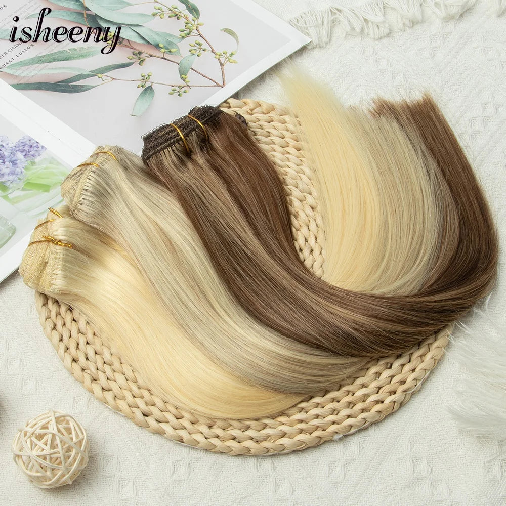 Clip In 100 % Human Hair Extensions Natural Straight 12-24 inches Clip Hair Extension Human Hairpiece 100-120g 7pcs/set isheeny