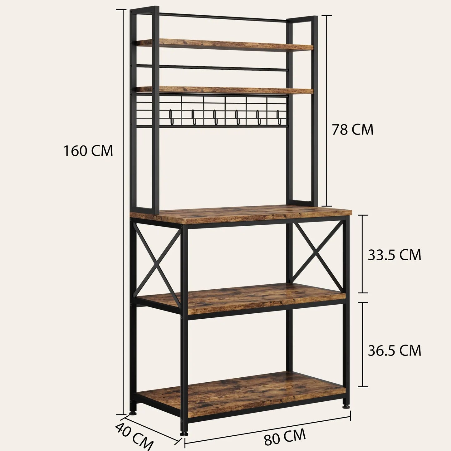 Kitchen shelf - Standing shelf for kitchen - Microwave shelf with 5 tiers and 6 hooks - Black kitchen shelf with mesh plate