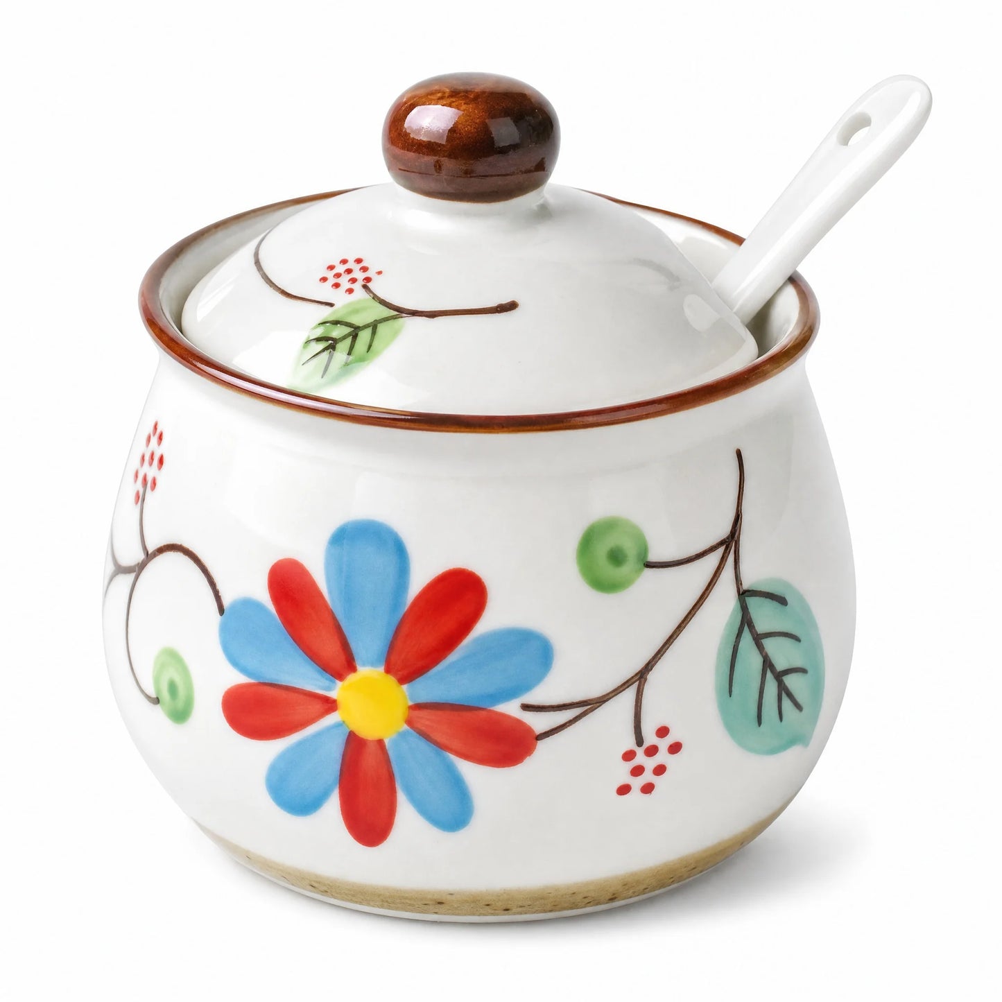 3-Piece Ceramic Spice Jar Set with Tray, Hand-Painted Japanese Vintage Seasoning Jars, Large Capacity 330ml Kitchen Storage Containers with Spoons, Non-Slip Base