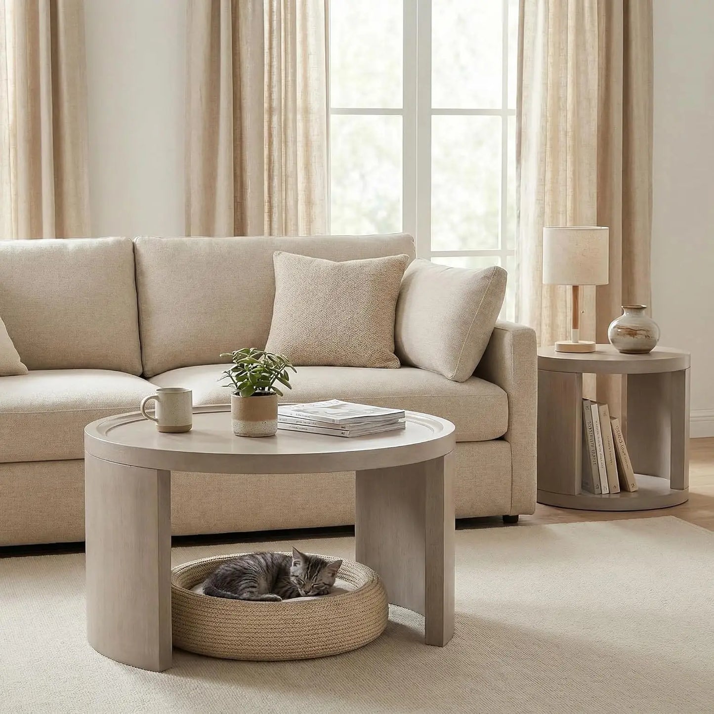 Round Nesting Coffee Table Set of 2, Gray Coffee Table, 31.5" Large & 18" Small Low Tables with Wood Top, Center, Customized