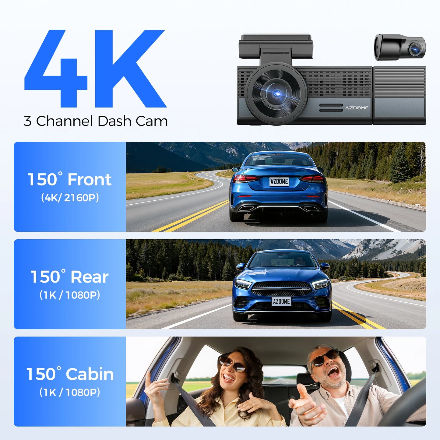 【US Warehouses】AZDOME M500 4K Dash Cam 3-Channel Record WiFi GPS Dash Camera for Cars Voice Control Night Vision 24H Parking Mon