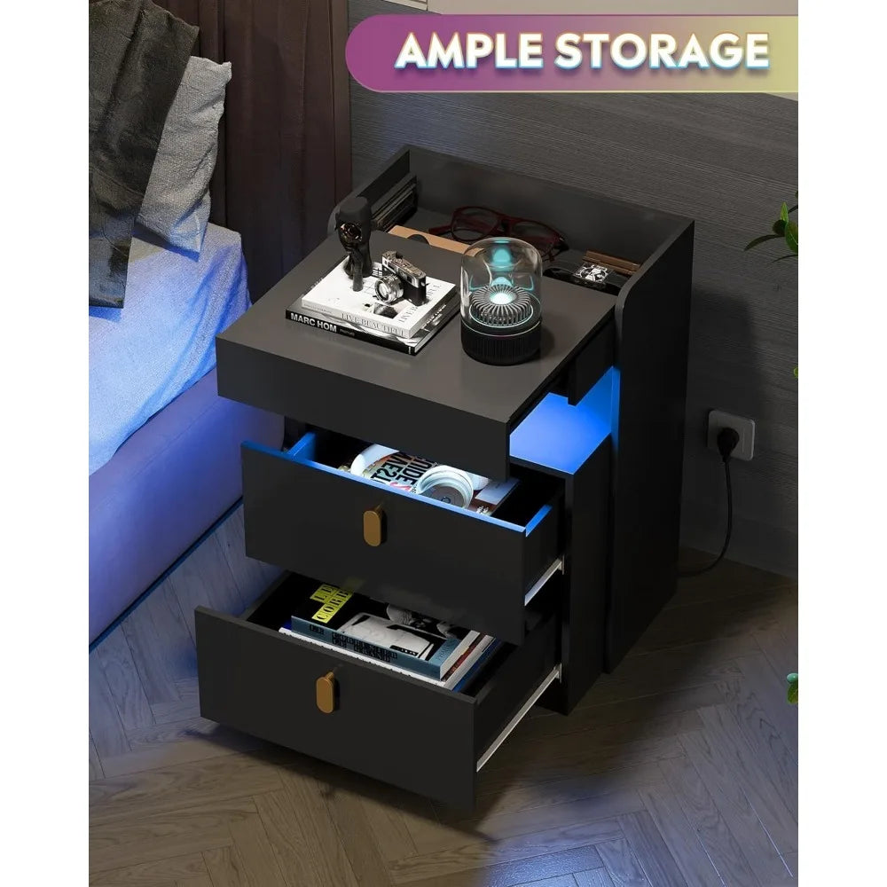 LED Bedside Table, 2-piece Set, with Charging Station, Bedside Table with Sliding Top, Bedside Table with Drawers, Coffee Table