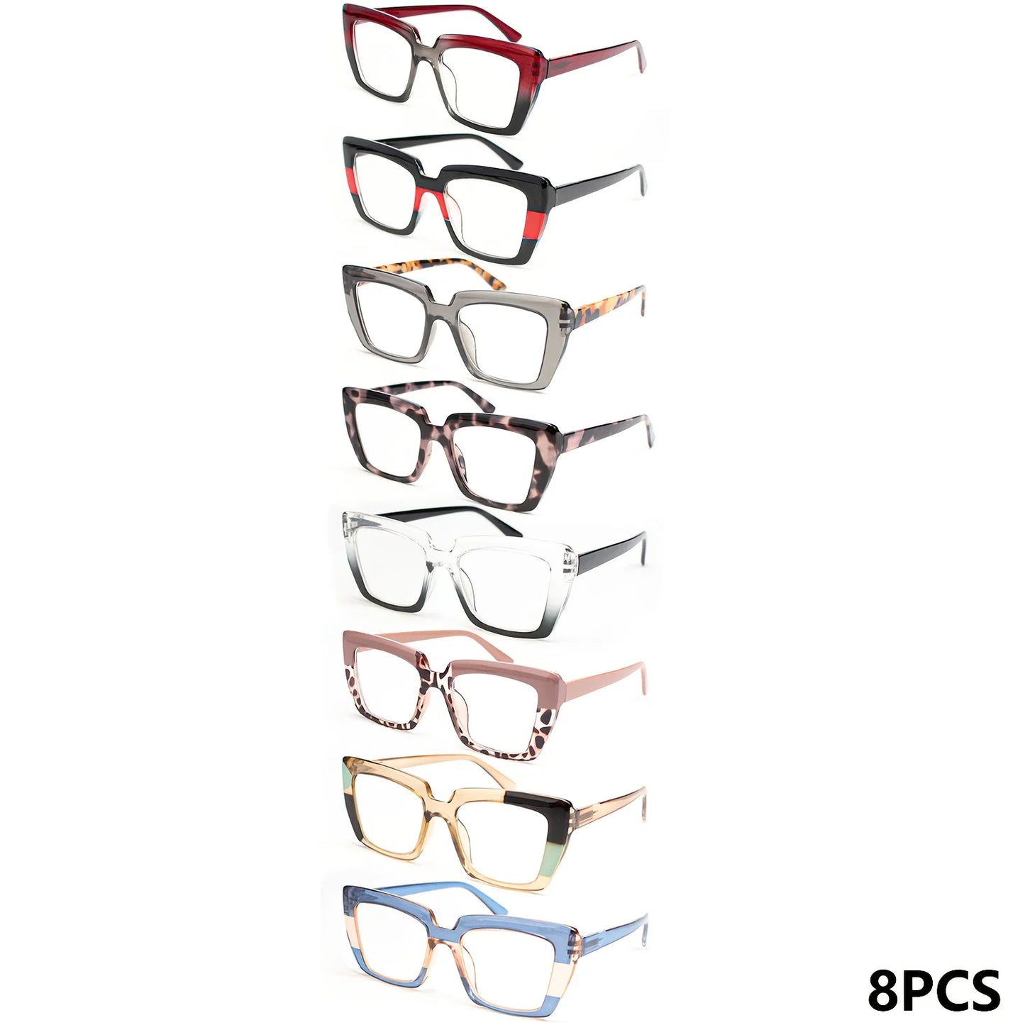 8 pairs of stylish rectangular reading glasses, vintage print contrasting design, high-quality spring hinges, women's Christmas gifts