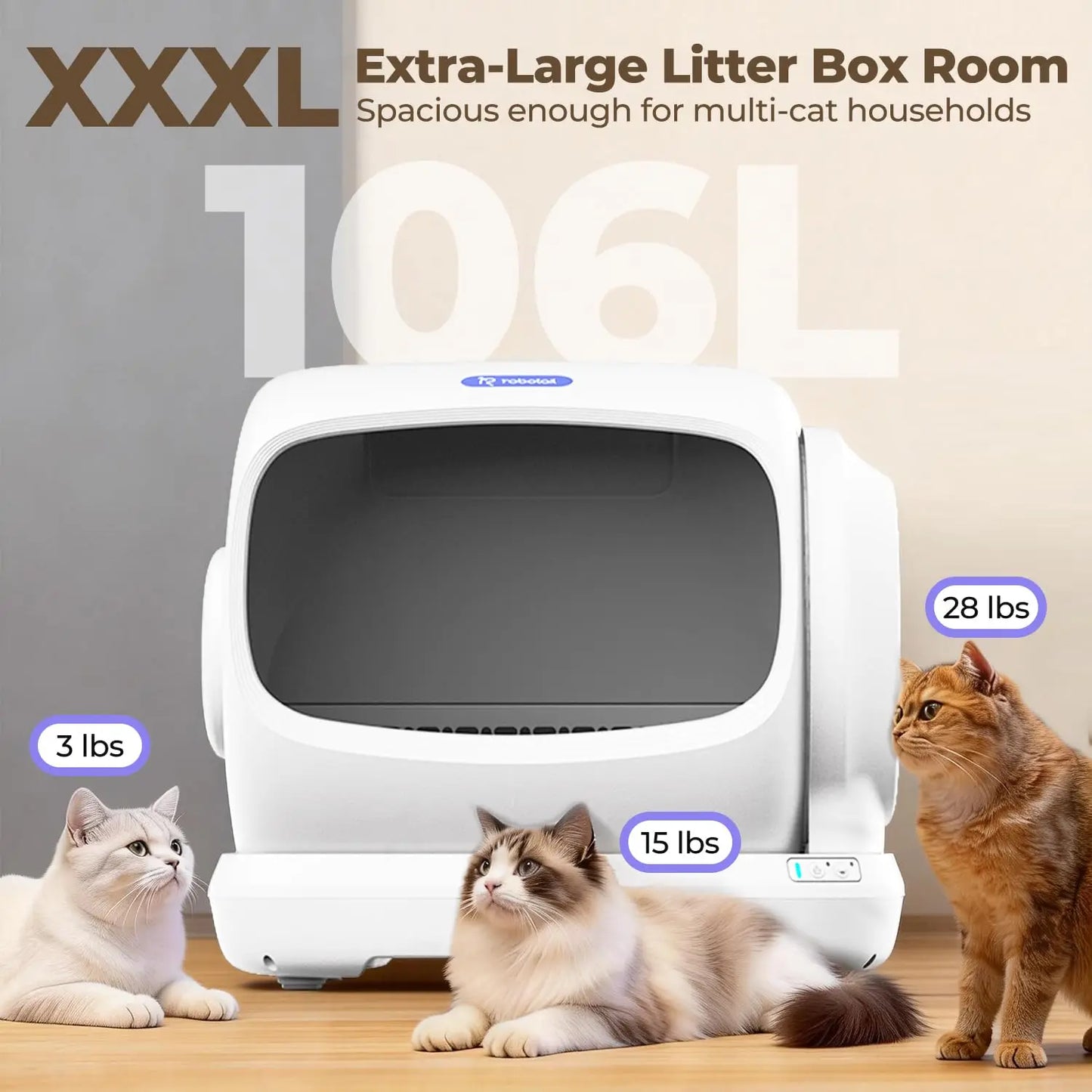 106L Self Cleaning Cat Litter Box, App Control, Safety Sensor, Low Entry & Odor Defense for Multi Cat, Custom