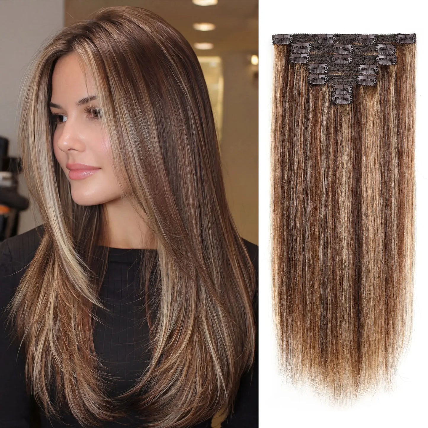 Clip in Remy Human Hair Extensions 7pcs 70g Double Weft 4/27 Chocolate Brown to Caramel Blonde Human Hair Clip ins for Women