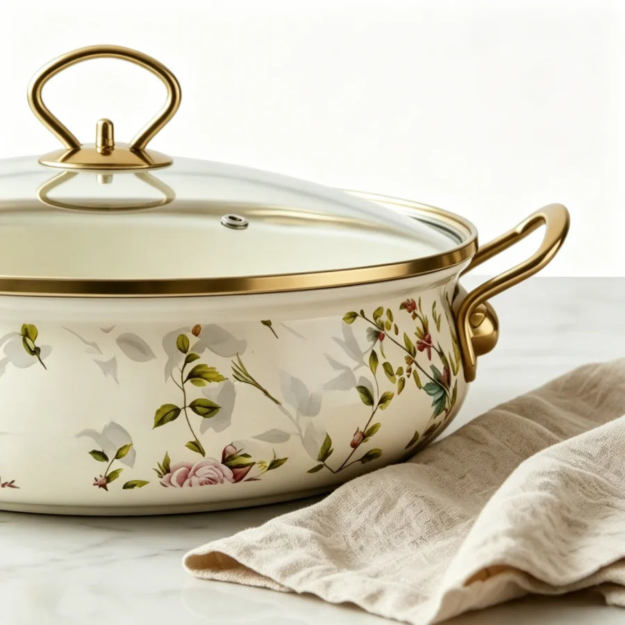 5.5Qt Enamel Stock Pot with Glass Lid – Vintage Bird & Botanical Print Nonstick Soup Pot, Dual Handles, Oven Safe, Fast Heating for All Stovetops, Gift for Wedding/Christmas, 9 Inch