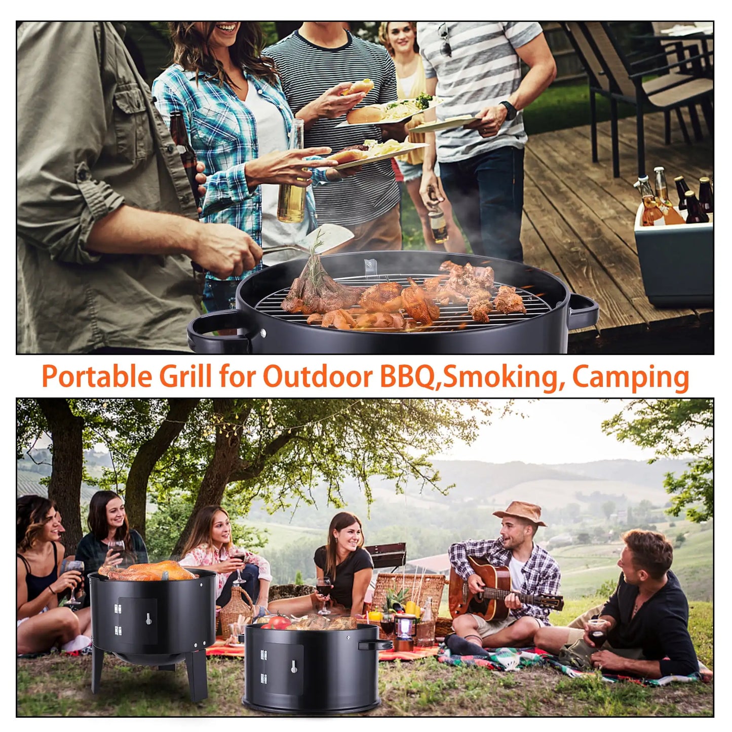 3-in-1 BBQ Smoker Grill with Chimney Multi-function Detachable Outdoor Cooking Oven with Thermometer Camping Outdoor Party Grill