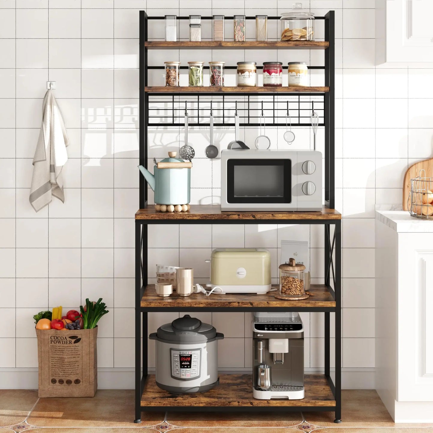 Kitchen shelf - Standing shelf for kitchen - Microwave shelf with 5 tiers and 6 hooks - Black kitchen shelf with mesh plate