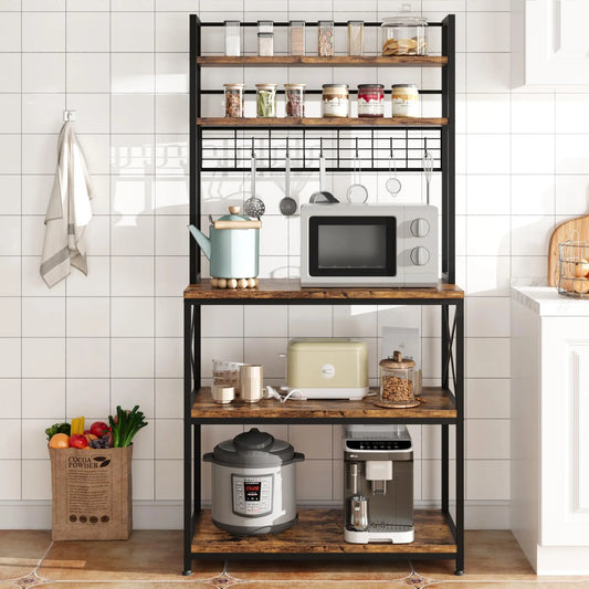 Kitchen shelf - Standing shelf for kitchen - Microwave shelf with 5 tiers and 6 hooks - Black kitchen shelf with mesh plate