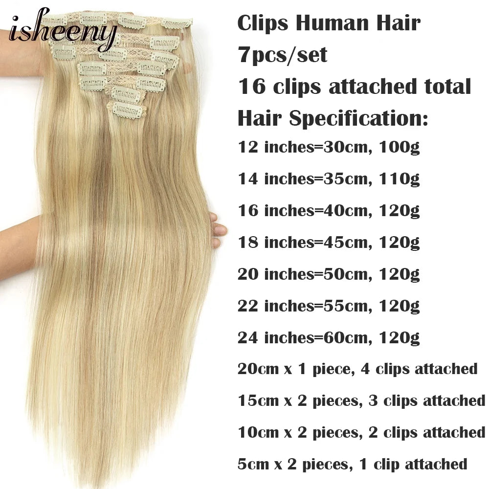 Clip In 100 % Human Hair Extensions Natural Straight 12-24 inches Clip Hair Extension Human Hairpiece 100-120g 7pcs/set isheeny