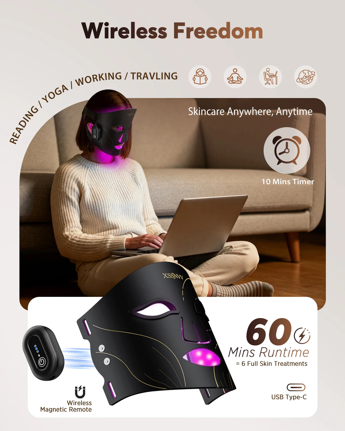 Red Light Therapy for Face Cordless LED Face Mask with 4 Light Modes (NIR 850nm, Red 630nm, Blue, Amber), 272 LEDs, 10-Min Timer