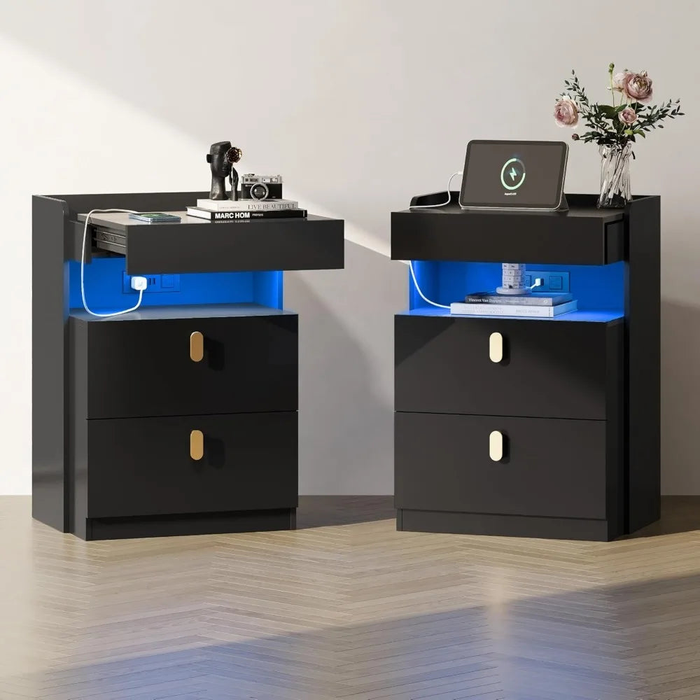 LED Bedside Table, 2-piece Set, with Charging Station, Bedside Table with Sliding Top, Bedside Table with Drawers, Coffee Table
