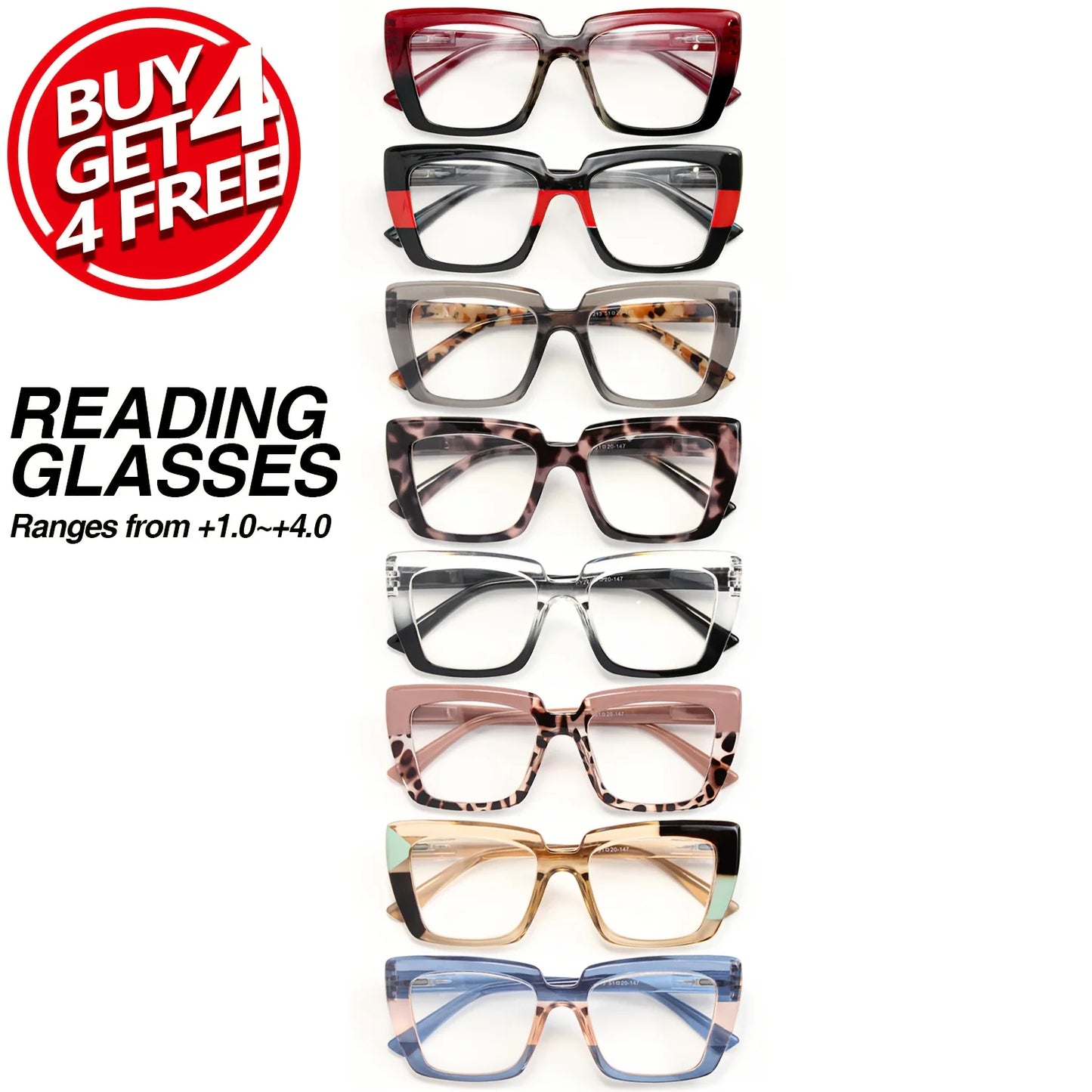 8 pairs of stylish rectangular reading glasses, vintage print contrasting design, high-quality spring hinges, women's Christmas gifts