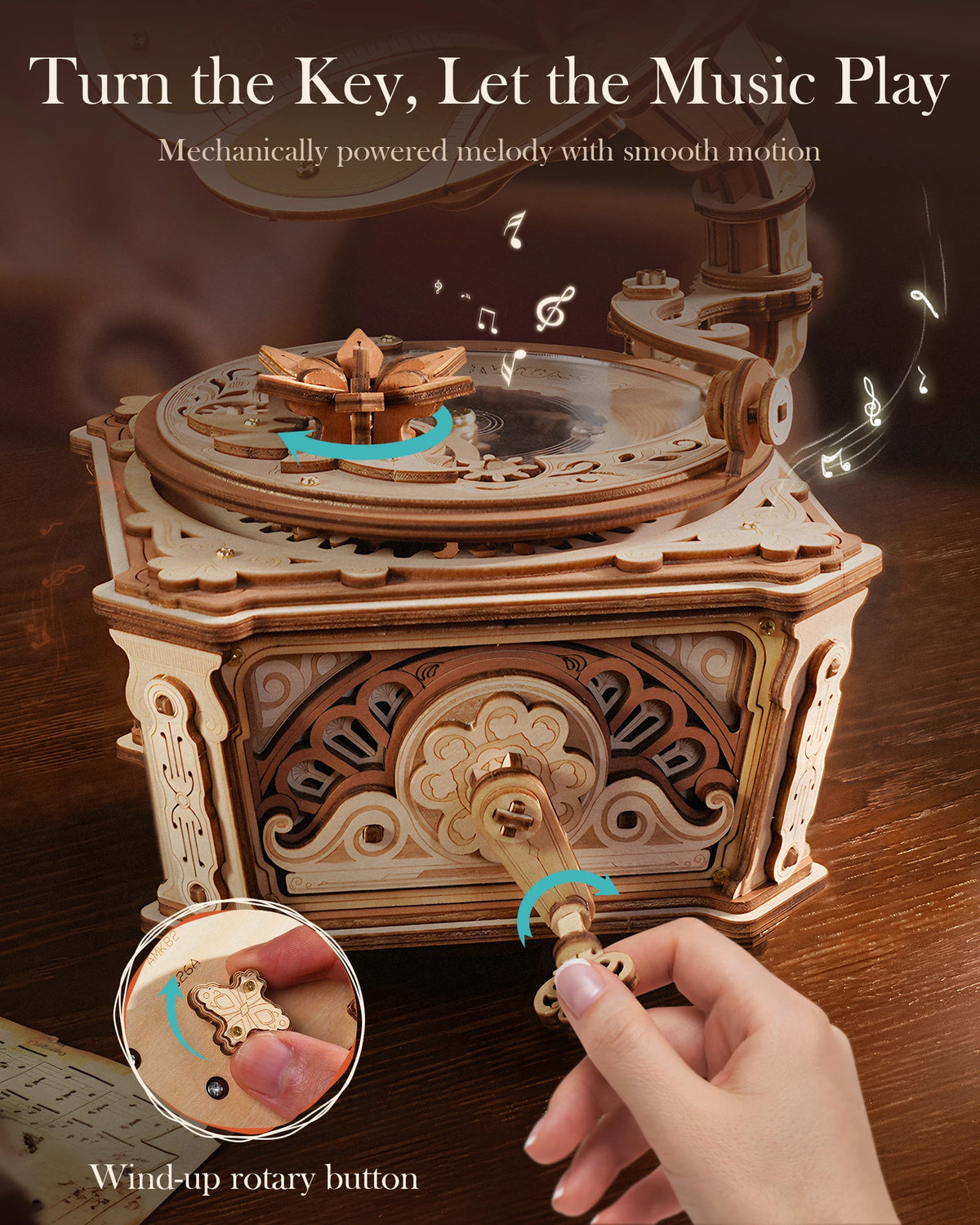 ROKR Wooden 3D Puzzle Diva Gramophone Music Box Mechanical Model Building Kit for Home Decor Holiday Gift for Adults Teens Friends