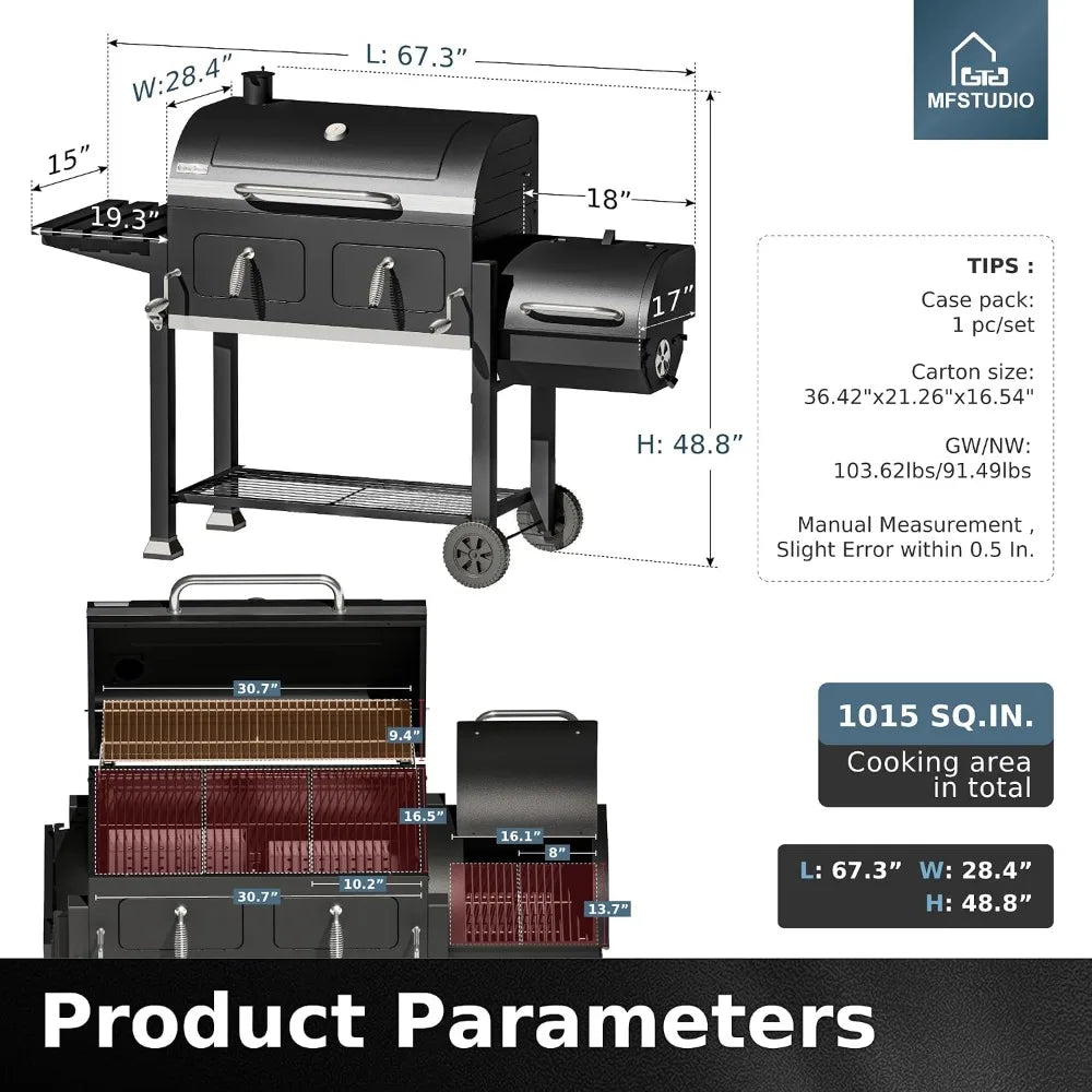 49" 2 in 1 Charcoal Grill & Smoker Combo, Outdoor Grill with Enamel Coated Charcoal Tray, 1015 SQ.IN Cooking Area,, Customized