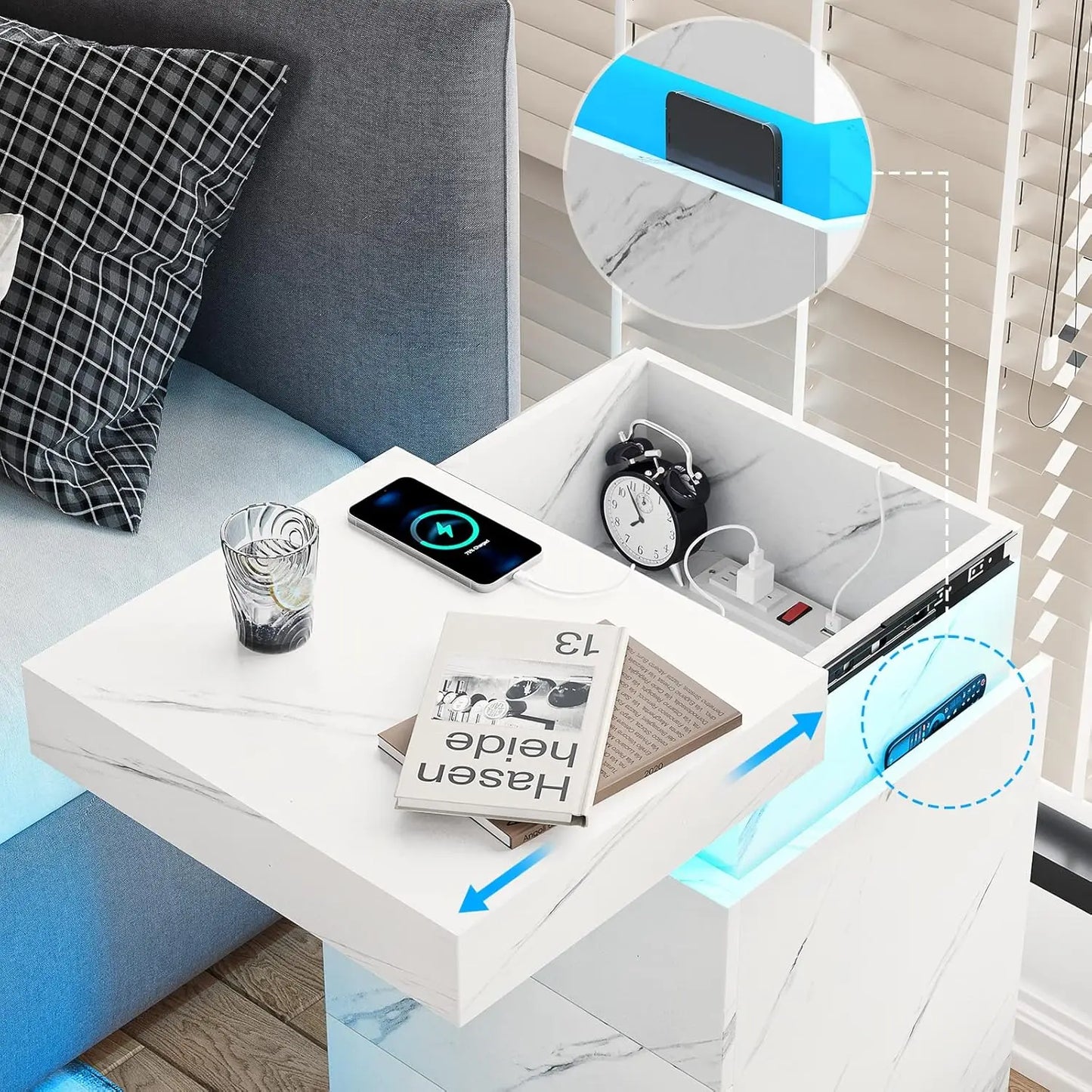 Nightstand Charging Station LED Lights Sliding Top Bedroom Bedside Table Drawers Modern End Side Table White Marble Customized