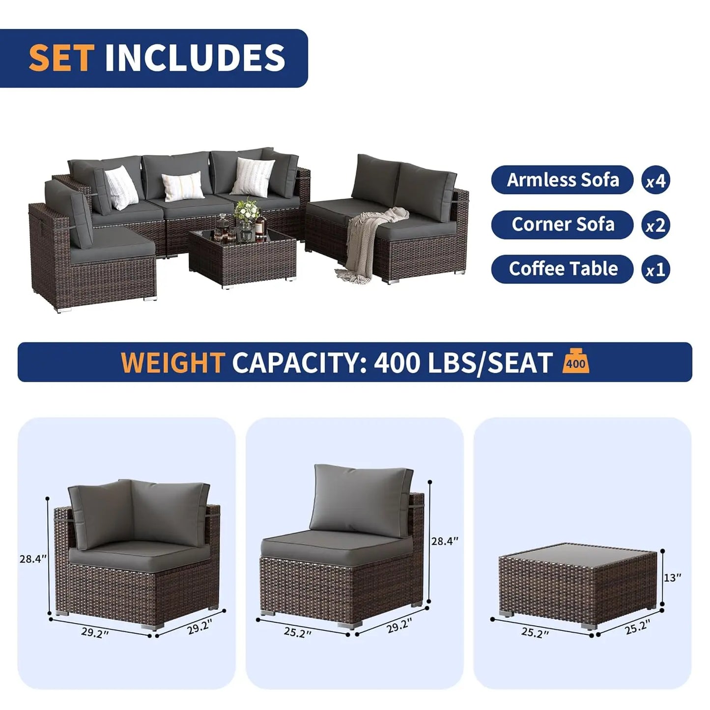 Patio Furniture Set, 7 Pieces Outdoor Sectional Sofa, PE Wicker Backyard Conversation Set with Waterproof Cover &, Customized