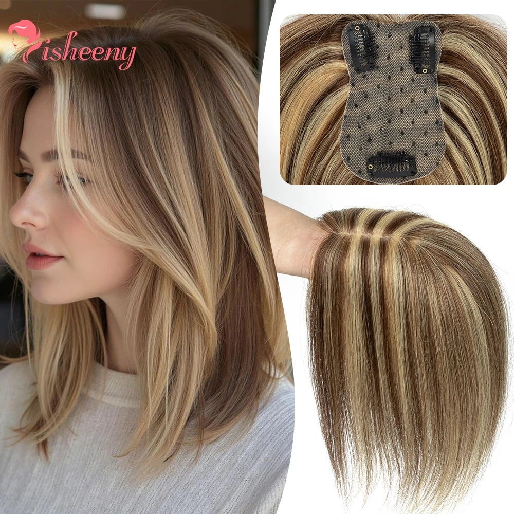 Human Hair Topper With Side Bangs For Women With Clips Straight Hair Toupee 7x11cm Elegant Style Clips In Topper Realistic Scalp