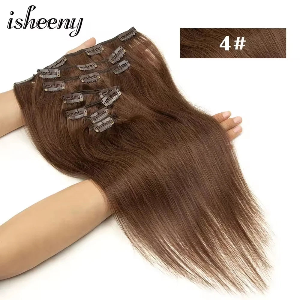 Clip In 100 % Human Hair Extensions Natural Straight 12-24 inches Clip Hair Extension Human Hairpiece 100-120g 7pcs/set isheeny