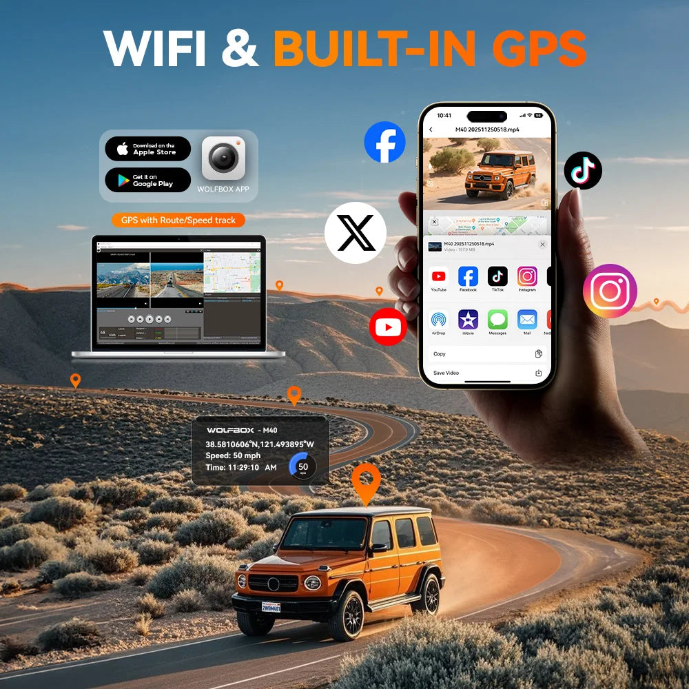 WOLFBOX M40 Dash Cam 4K+1080P With Voice Control ADAS Built in 5GHZ WI-FI and GPS Video Recorder Front and Rear Dash Camera