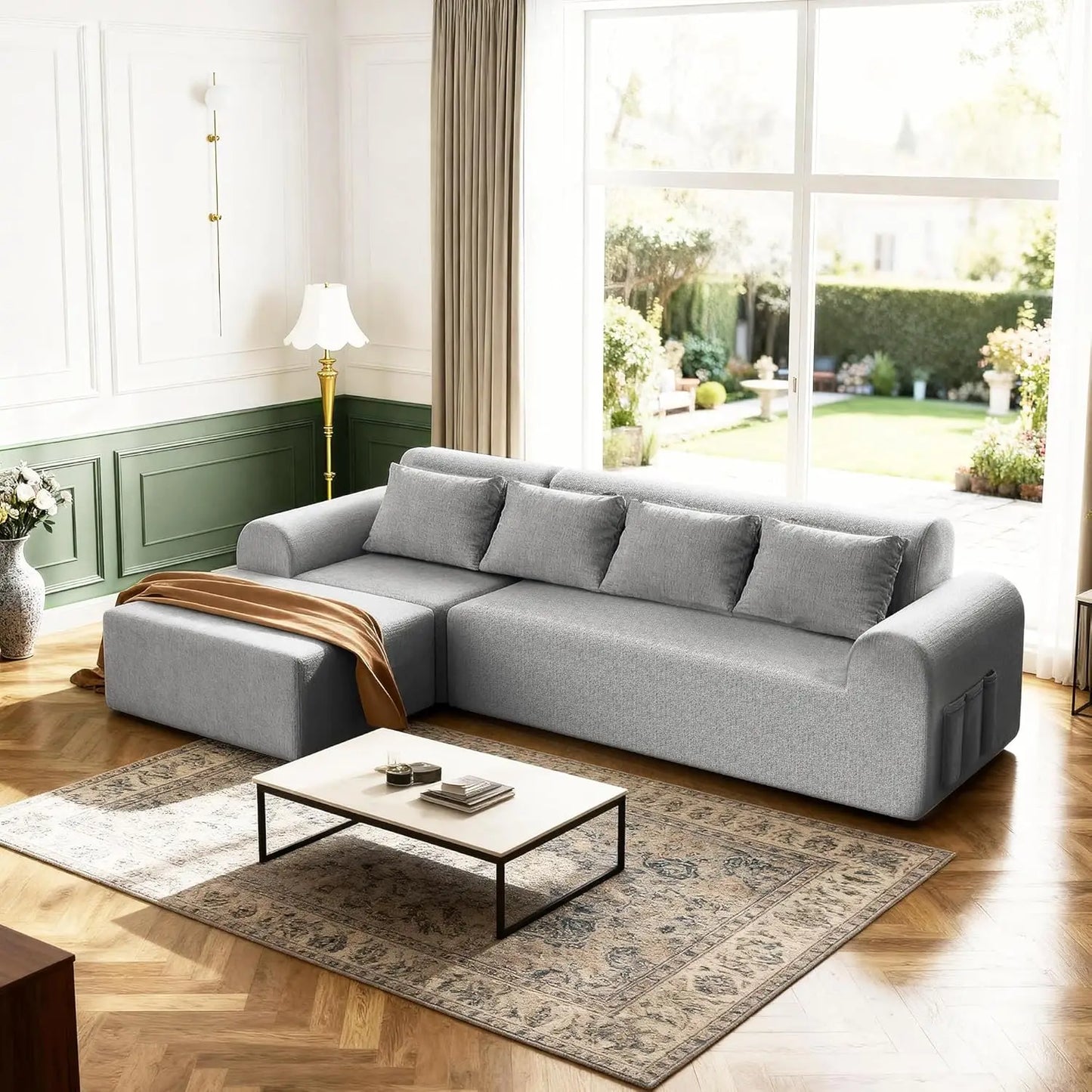 stockout！！Cloud Boneless Sectional Sofa for Living Room, 4-Seater L-Shaped Comfy Couch with Ottoman, 4 Pillows, Deep, Customized
