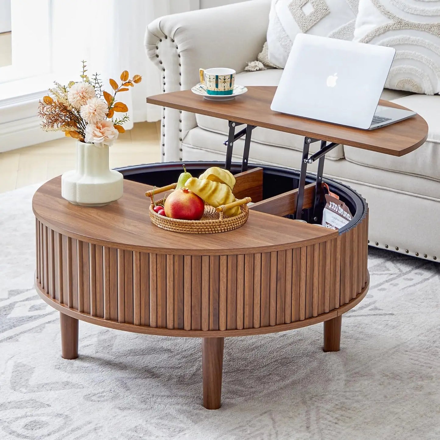 Round Lift Top Coffee Table with Storage, Fluted Mid Century Modern Coffee Tables, Small Space,31.5" Wooden Center, Customized