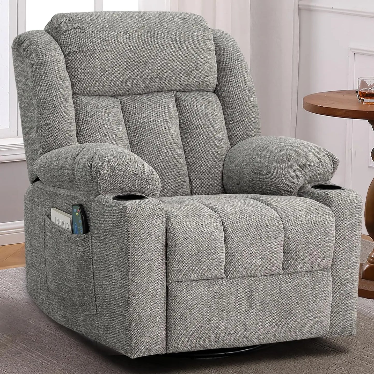 Overstuffed Rocker Recliner with Massage & Heat, Soft Fabric Glider for Living Room, Manual Swivel, Large Adult, Custom